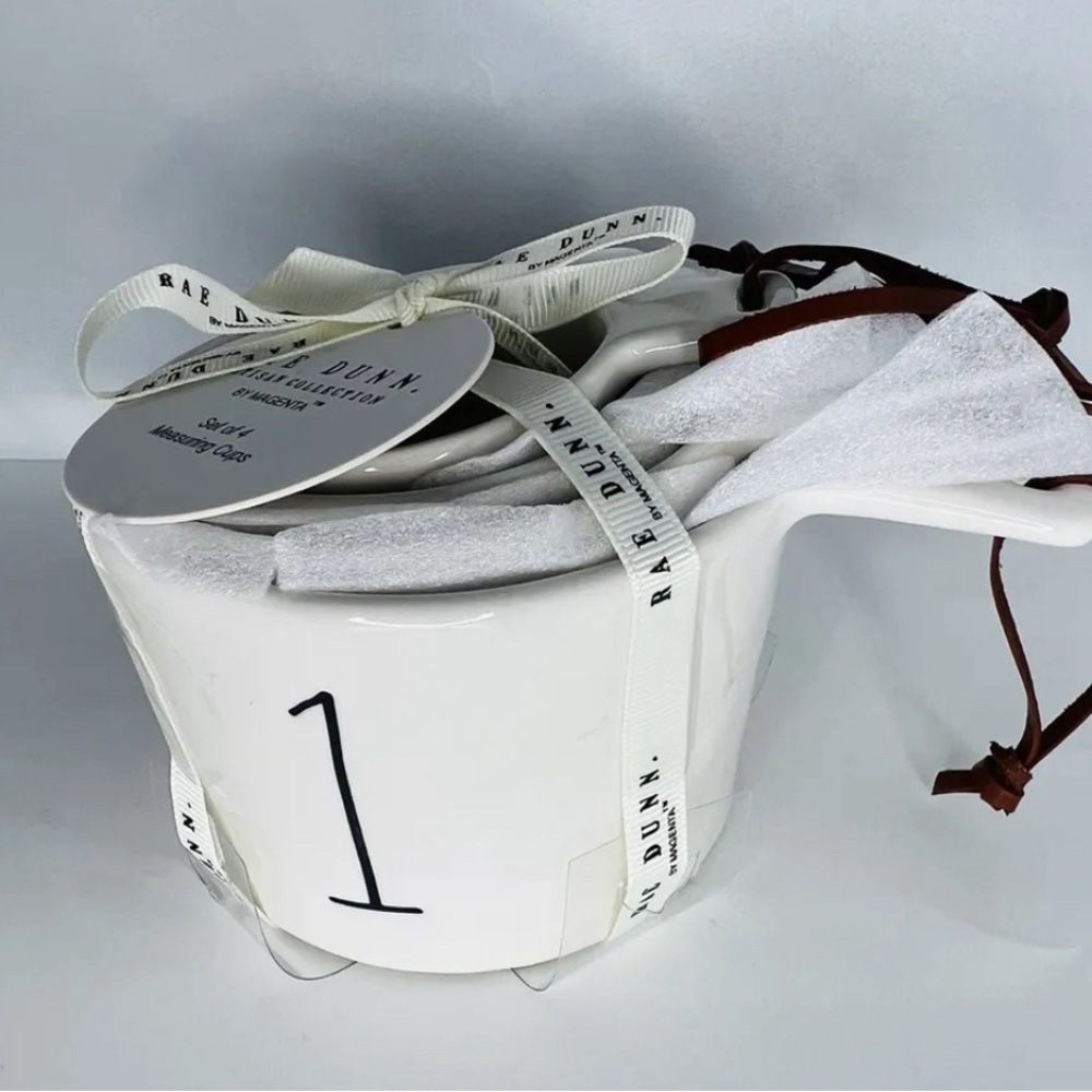 Rae Dunn Measuring Cups: Set of 4 Bucket Style with Leather Straps Hanging New